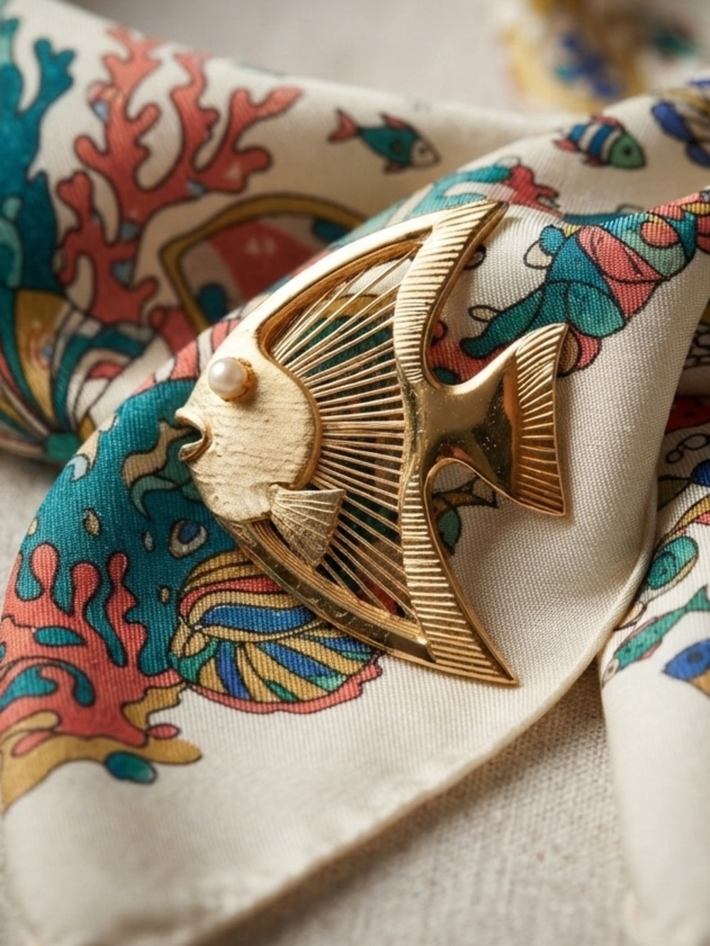 Vintage Brooks Signed Mid Century Gold Wire Angel Fish Brooch Pearl Eye MCM